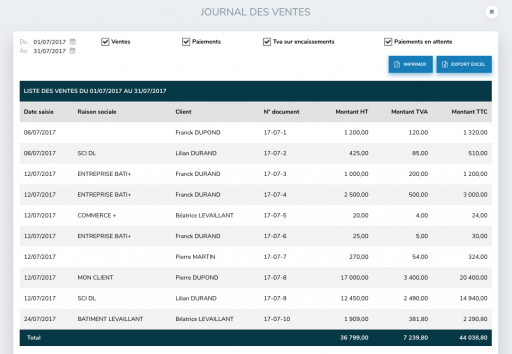 Capture d'écran de la fonctionnalité journal des ventes