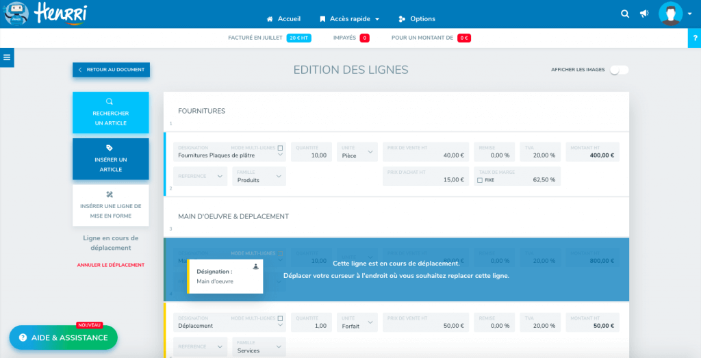 Drag drop devis facture Henrri