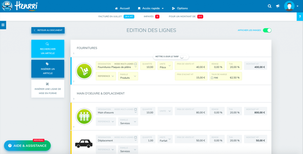 Nouvelle édition des lignes devis facture Henrri