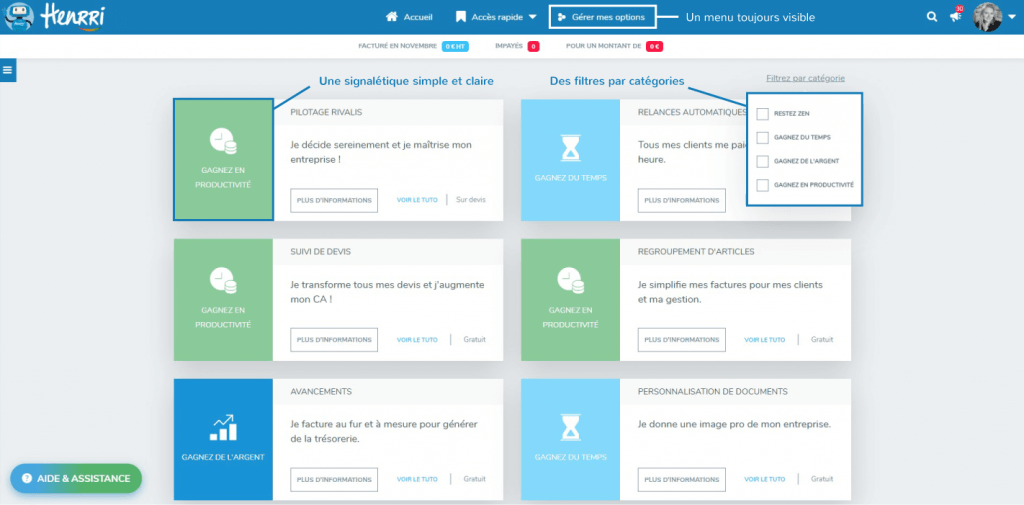 Bienvenue aux "Options" dans Henrri - Henrri